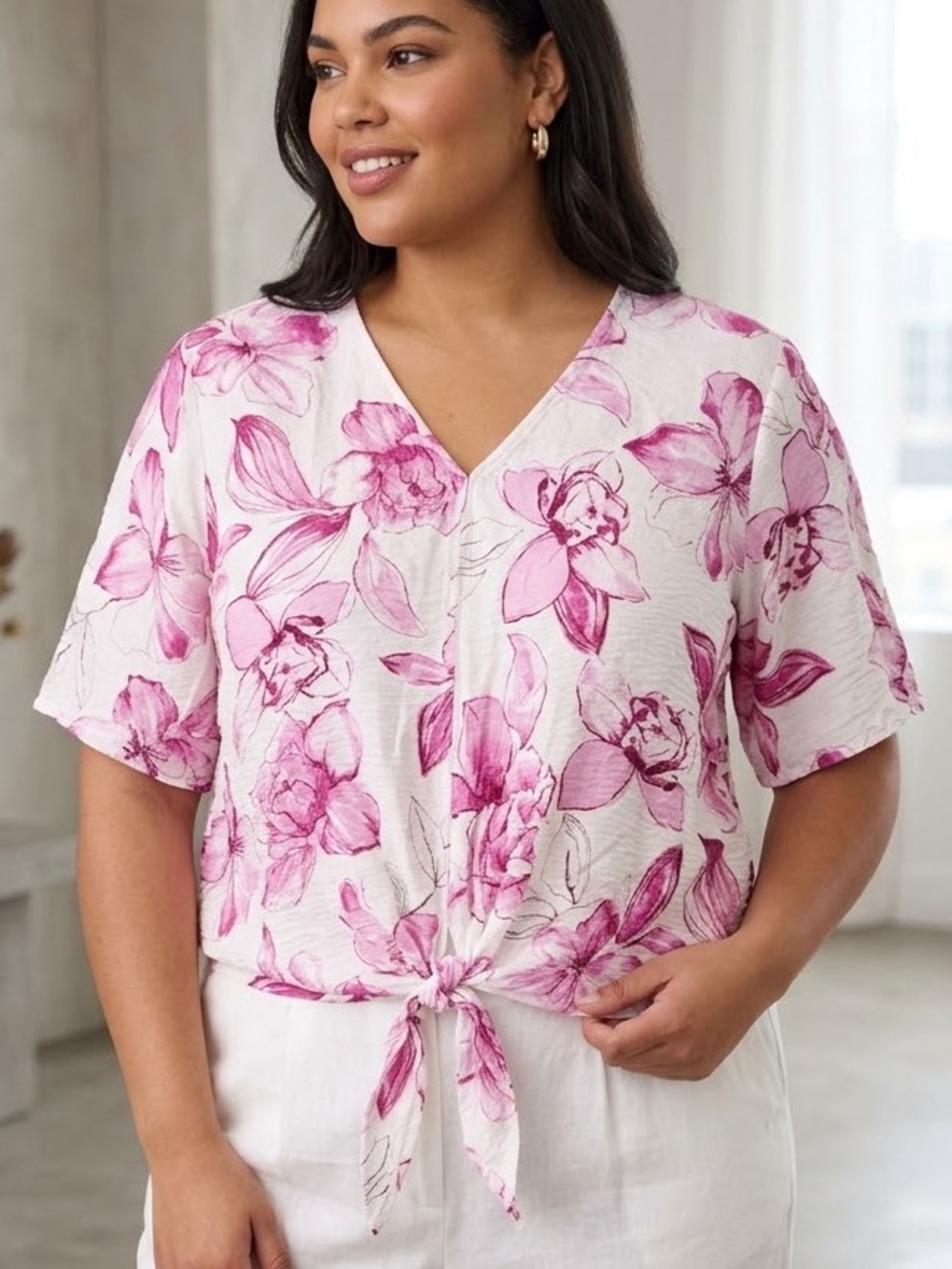 Floral Tie-Front V-Neck Women’s Blouse in Pink